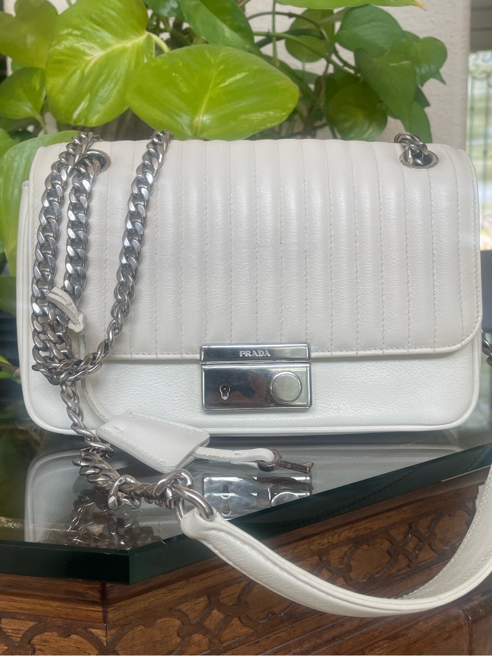 PRADA off white lambskin quilted flap crossbody two way silver chain bag